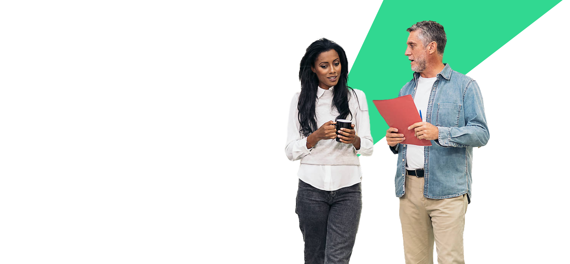 Two people walking and talking with a green stripe behind them.